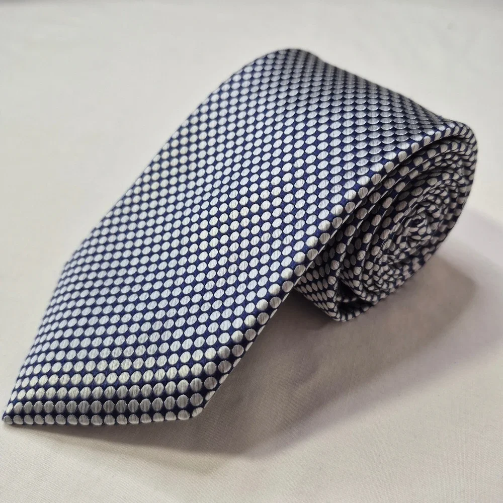 Ike Behar Tie Mens Blue Silver Polka Dot Silk Blend Necktie Formal Business